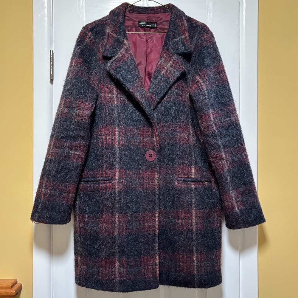 Simons Navy and Burgundy Plaid Pea Coat